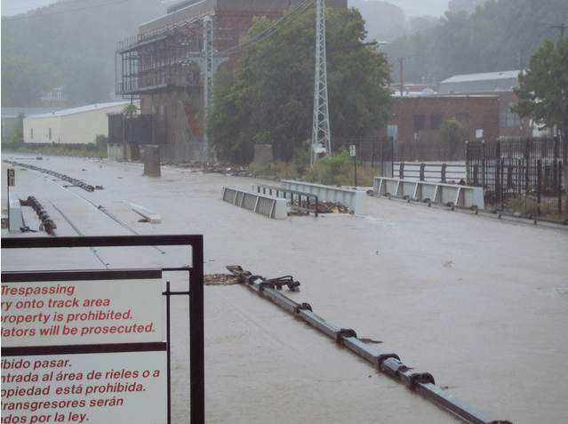 Floodwaters covered the tracks of Metro-North Railroad's Hudson Line at Ossining. 